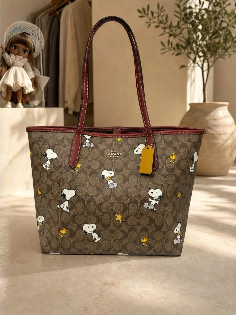 Coach Brown Signature Snoopy Tote with Burgundy Trim and Yellow Tag - Picture 4 of 6